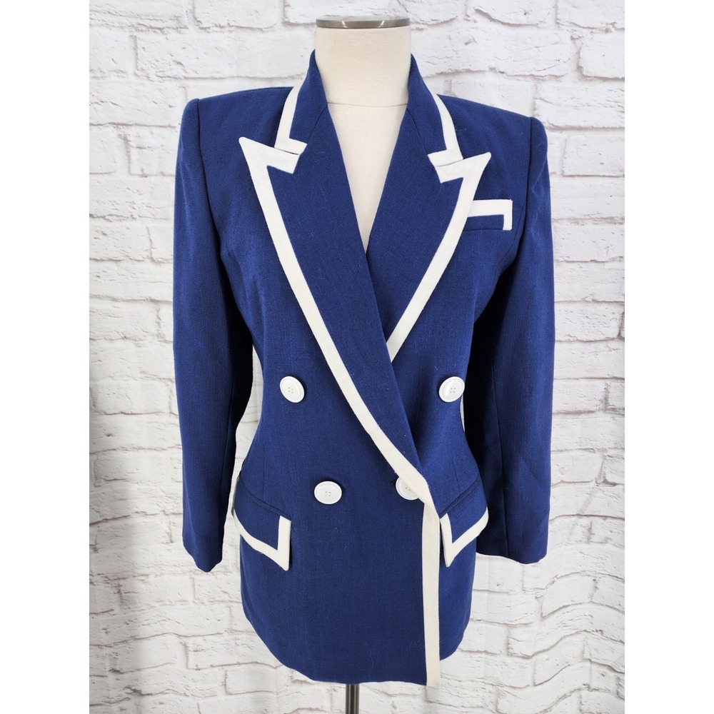 Vintage Karen Scott Blue Blazer Jacket Size 6 Nautical Preppy Work Glam Retro